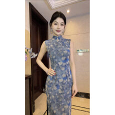 批发蓝莲花<b class='q'>春</b>夏新款无袖蓝色温柔后拉链修身显白
