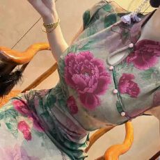 批发画报夫人<b class='q'>复古</b>温柔弹力网纱大花朵旗袍 城中花王短袖