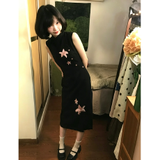 批发新中式百合刺绣旗袍连衣裙子女复古修身无袖改良版中长裙
