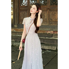 批发【听风】新中式立体小花贴布旗袍女夏绝美掐腰紫色连衣裙