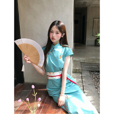 批发_云鲤拾月_新中式改良旗袍女夏立领收腰国风刺绣连衣裙_