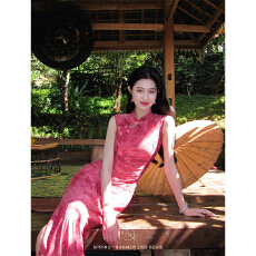 批发玫瑰晚叙'新中式植绒玫瑰旗袍女春夏弹力针织修身连衣裙