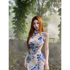 批发胖mm复古新中式青花瓷旗袍裙女2026年新款夏性感修身包臀百搭长裙
