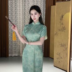 批发【玉瓷升花】新中式国风提花改良旗袍夏季绿色连衣裙优雅