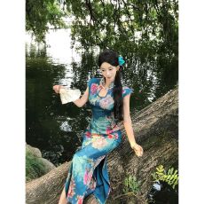 批发新中式国风水滴领短袖提花性感改良旗袍冷清气质修身连衣裙女26夏