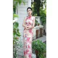批发新中式国风旗袍女复古风印花无袖连衣裙长裙日常透气晕染旗袍涟漪