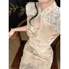 批发性感风蕾丝拼接镂空印花短袖连衣裙女2026新款<b class='q'>夏</b>修身显瘦开叉长裙