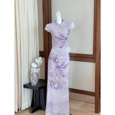 批发新中式紫色印花衬衣女<b class='q'>夏</b>季新款改良旗袍高级感气质半身裙子两件套