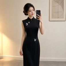 批发<b class='q'>复古</b>黑色无袖刺绣旗袍女新中式改良修身显瘦高级感高端大气大码夏