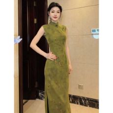 批发夏季新中式国风改良旗袍高端大气上档次绝美不撞款<b class='q'>绿色</b>印花<b class='q'>连衣裙</b>