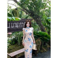 批发新中式花卉印花镂空旗袍连衣裙女<b class='q'>夏</b>季收腰包臀裙子气质显身材长裙