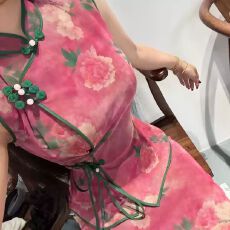批发新中式网纱弹力旗袍两件套女国风改良两件套装半身裙收腰桃花牡丹