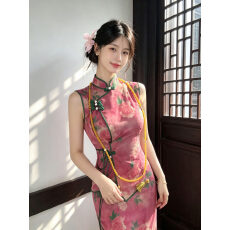 批发新中式网纱弹力旗袍两件套女国风改良两件套装半身裙收腰桃花牡丹