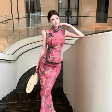 批发2026<b class='q'>夏</b>季新款法式洋气心机新中式网纱弹力修身显瘦旗袍两件套套装