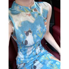 批发新中式可爱猫狗印花无袖旗袍女<b class='q'>夏</b>2026新款蓝色修身日常可穿连衣裙