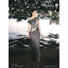 批发「蓝花曳」新中式斜肩无袖花卉网纱连衣裙包臀鱼尾长裙