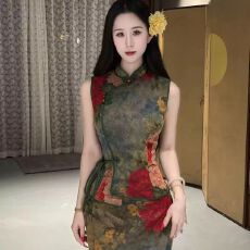批发新中式印花旗袍女弹力网纱改良无袖连衣裙复古大花朵旗袍港工花绿