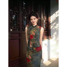 批发新中式印花旗袍女弹力网纱改良无袖连衣裙复古大花朵旗袍港工花绿