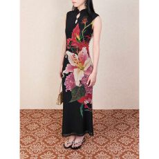 批发【幽庭百<b class='q'>合</b>赋】2026年夏季新款新中式国风花卉晕染网纱旗袍连衣裙