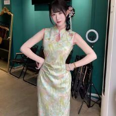 批发春<b class='q'>夏</b>季新中式浅绿色无袖改良旗袍复古风气质素雅连衣裙日常可穿女