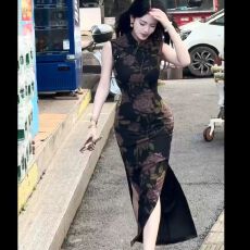 批发新中式国风旗袍改良显瘦连衣裙女无袖复古弹力印花旗袍网纱绢纺黑