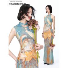 批发花卉印花镂空挂脖鱼尾<b class='q'>长裙</b>立领亮丝新中式改良旗袍<b class='q'>连衣裙</b>