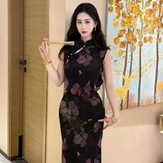 批发轻熟风无袖印花连衣裙女中长款显瘦通勤气质优雅裙气质百搭收腰裙