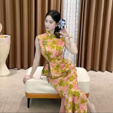 批发新中式改良兔子印花国风弹力旗袍套装女微胖显瘦款两件套旗袍