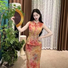 批发新中式改良印花国风弹力旗袍套装女微胖显瘦款晕染两件套旗袍