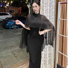 批发画报夫人新中式复古气质夏季新款黑色套头披肩配旗袍裙子外搭