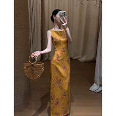批发2026夏季新中式复古印花<b class='q'>香云纱</b><b class='q'>连衣裙</b>女轻奢高品质无袖背心裙长裙