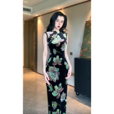 批发【岚夜】玉簪记早秋新款旗袍新中式日常弹力丝绒旗袍连衣裙