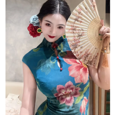 批发画报夫人新中式复古新款弹力网纱旗袍定位花 明媚花蓝