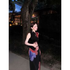 批发【夜灼花】2026早秋新中式花卉黑色<b class='q'>印花</b>无袖<b class='q'>连衣裙</b>长裙女日常可穿