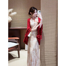批发【红颜知己】新中式收腰显瘦无袖国风旗袍红色披肩女秋季套装