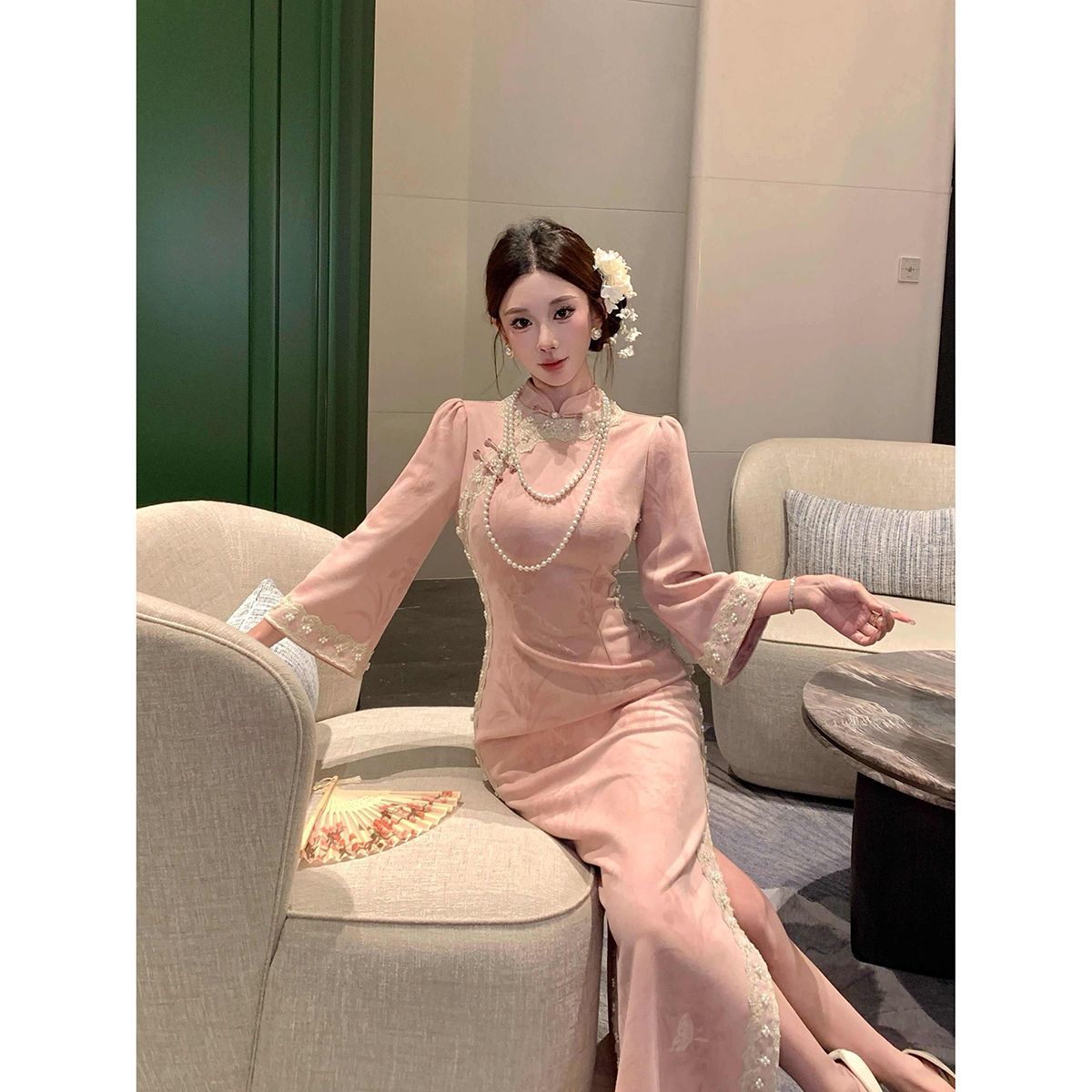 BY35191# 新中式秋冬款国风气质温柔好看高级珠链蕾丝改良旗袍少女感连衣裙 服裝批發女裝批發服飾貨源