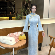 批发新中式复古新款自制秋冬麂皮绒珠链蕾丝秋季旗袍_婴蓝太太