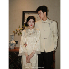 批发婉月清衿'新中式缎面刺绣旗袍女早秋蕾丝披肩修身连衣裙