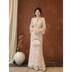 批发_粉蝶入梦'新中式蝴蝶印花针织旗袍女早秋修身日常连衣裙