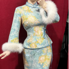批发画报夫人原创秋冬国风显白气质狐狸毛旗袍两件套_蓝梦樱