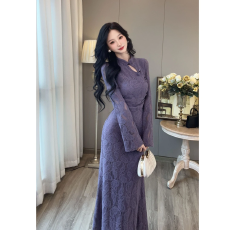 批发【凝霜】新中式国风复古蕾丝旗袍连衣裙气质显瘦收腰鱼尾长裙
