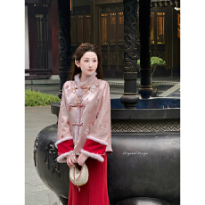 批发【萌猫抱桃】新中式水貂毛羊毛内胆外套可双面穿女<b class='q'>冬</b>国风套装_