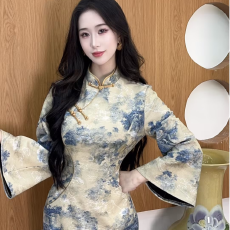 批发画报夫人原创自制<b class='q'>秋</b>冬烫金富贵显瘦倒大袖旗袍_织金瓷山领