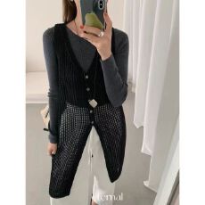 批发中长款<b class='q'>镂空</b>背心裙女无袖加长罩衫春秋季新款开叉亚麻针织上衣外搭