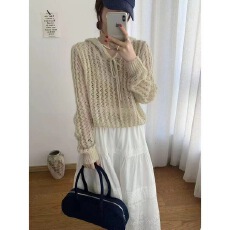 批发韩系镂空小众设计连帽针织衫2026春季宽松套头休闲百搭毛衣