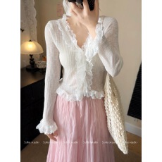 批发26春夏法式浪漫风蕾丝拼接荷叶边针织开衫女显瘦<b class='q'>修身</b>薄款<b class='q'>小外套</b>