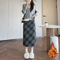 批发实拍小个子毛呢高腰长裙女加绒冬季新款显瘦格子中长款包臀半身裙