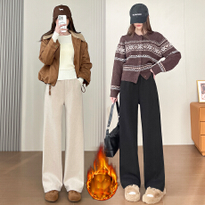 批发实拍小个子女2025新款加绒松紧毛呢高腰直筒休闲裤九分长裤