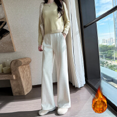 批发慵懒风羊绒糯米裤女2025秋冬加绒直筒微喇裤松弛垂感小个子休闲裤