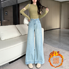 批发小个子实拍加绒<b class='q'>牛仔裤</b>女九分长裤高腰显瘦阔腿直筒喇叭裤